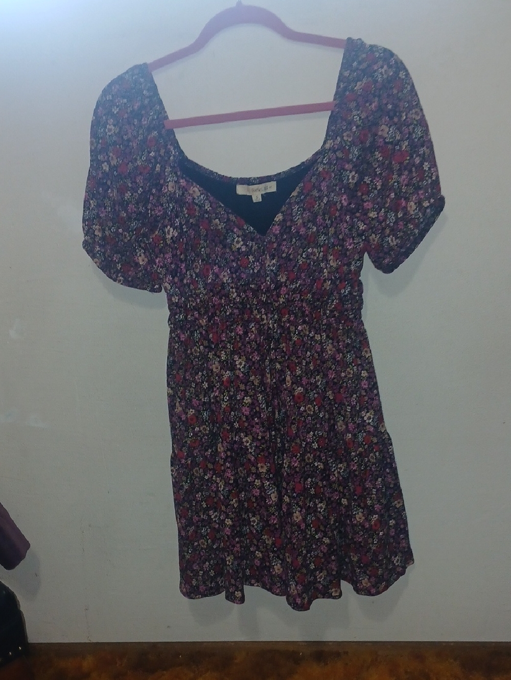 Rewind Black Floral Print Dress with Pink and Red Accents